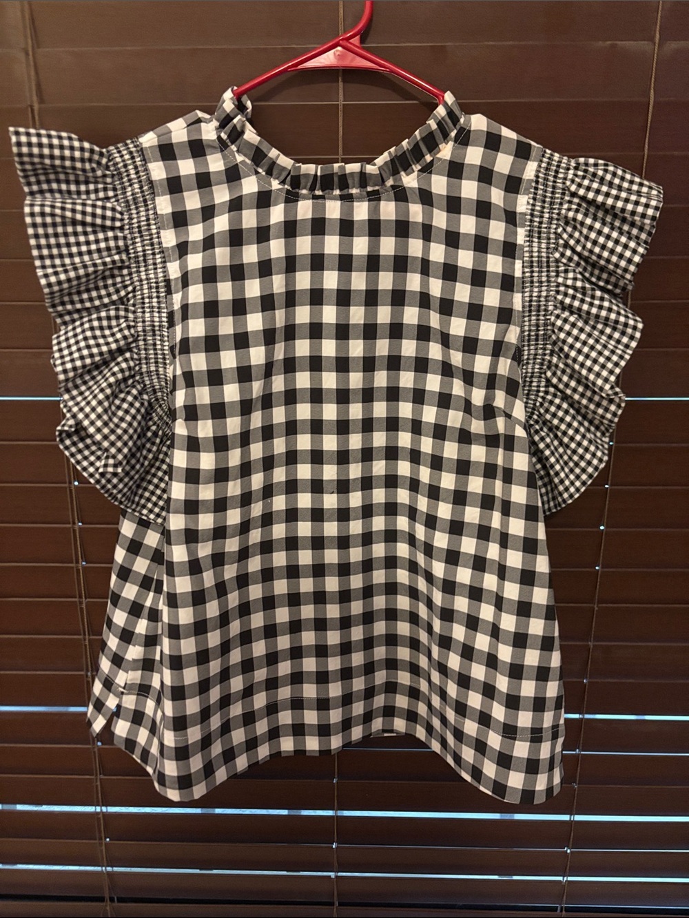 JODIFL Black and White Gingham Ruffle Sleeve Blouse